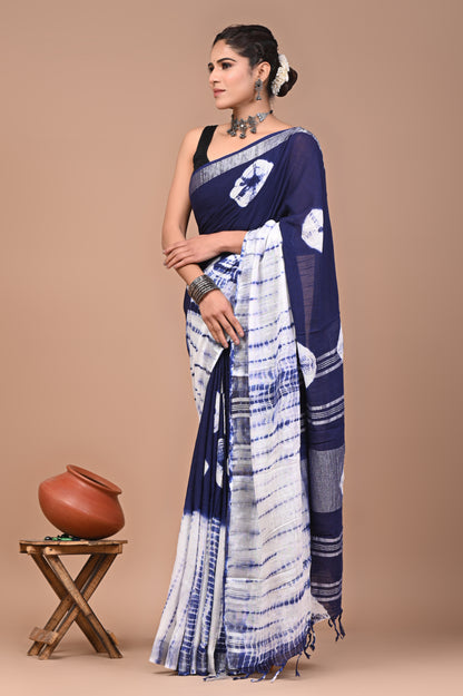 Block Printed Cotton linen Saree With Unstiched Blouse