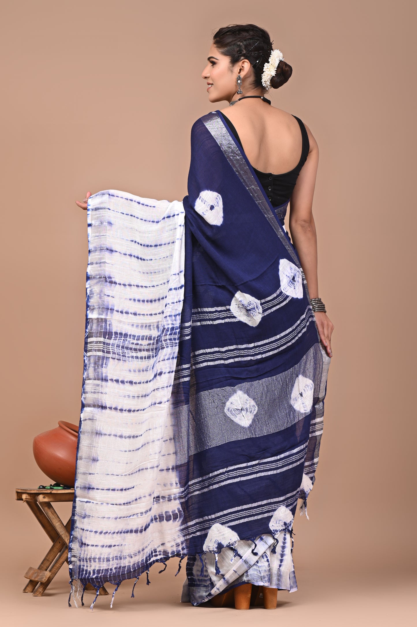 Block Printed Cotton linen Saree With Unstiched Blouse