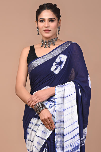 Block Printed Cotton linen Saree With Unstiched Blouse