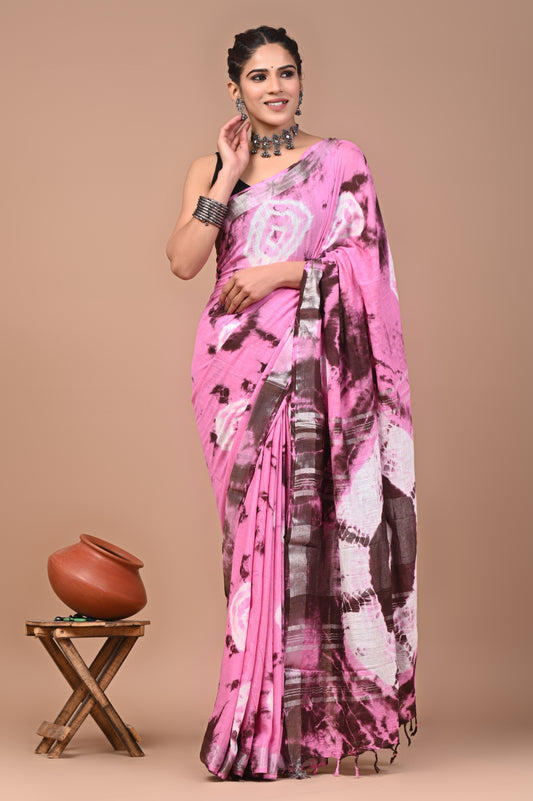 Block Printed Cotton linen Saree With Unstiched Blouse