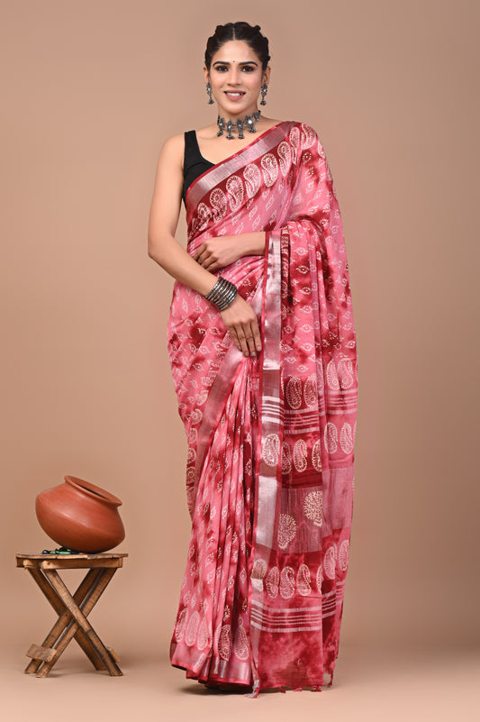 Block Printed Cotton linen Saree With Unstiched Blouse