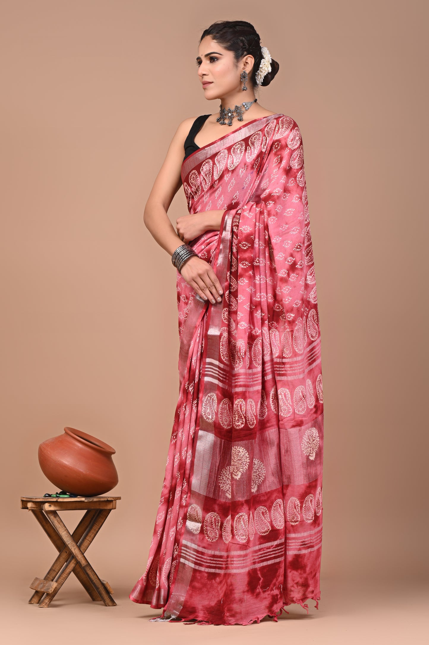 Block Printed Cotton linen Saree With Unstiched Blouse