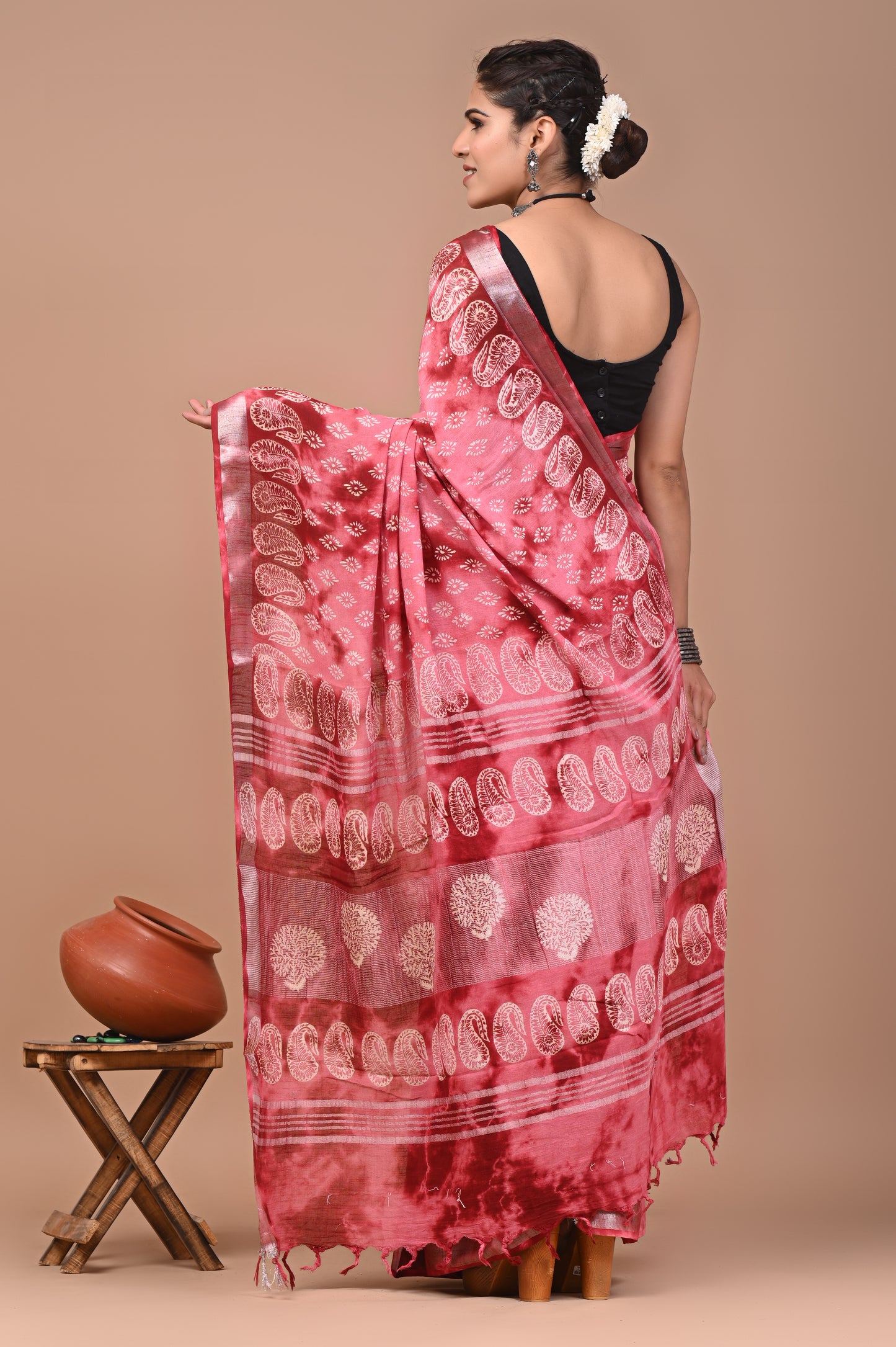 Block Printed Cotton linen Saree With Unstiched Blouse