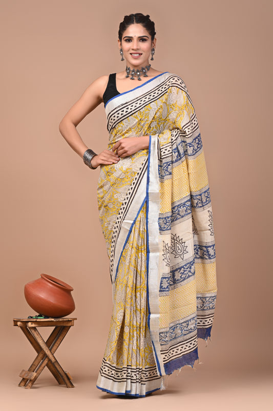 Block Printed Cotton linen Saree With Unstiched Blouse