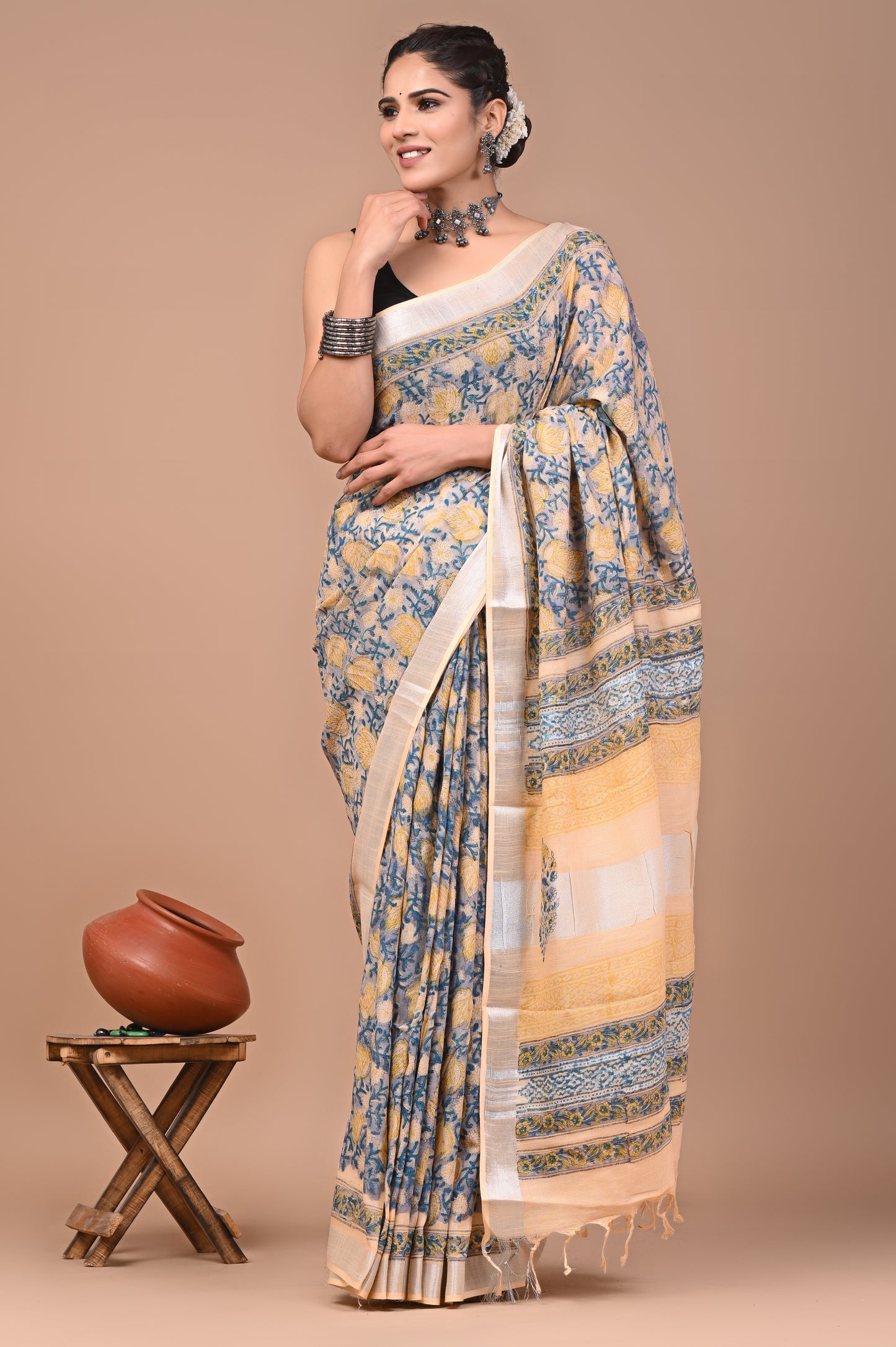 Block Printed Cotton linen Saree With Unstiched Blouse