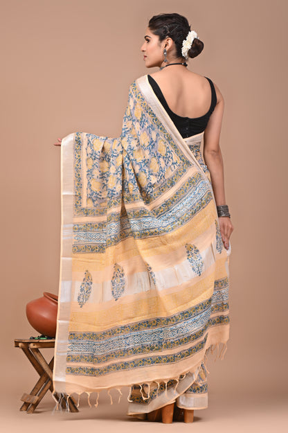 Block Printed Cotton linen Saree With Unstiched Blouse