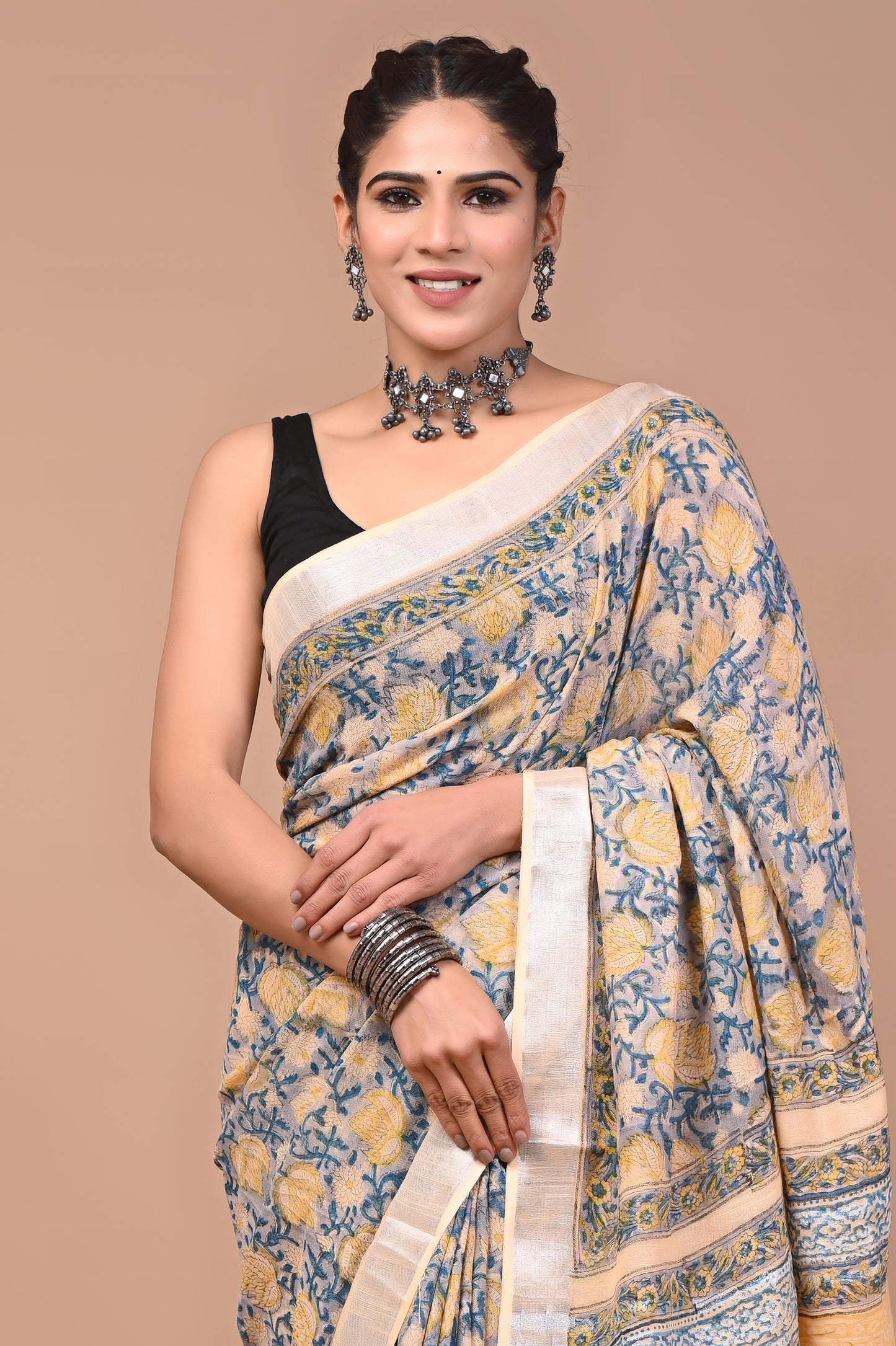 Block Printed Cotton linen Saree With Unstiched Blouse