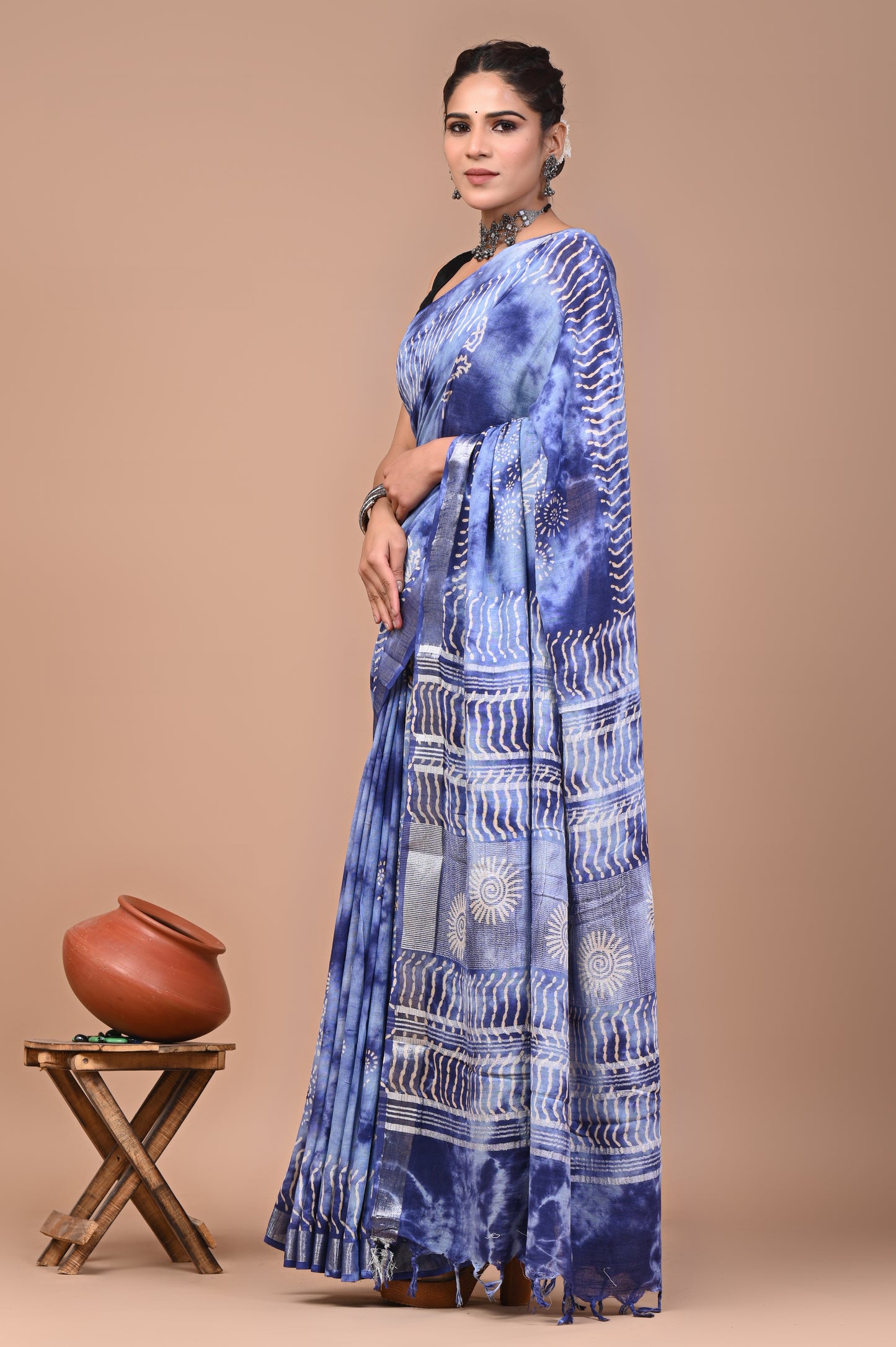 Block Printed Cotton linen Saree With Unstiched Blouse