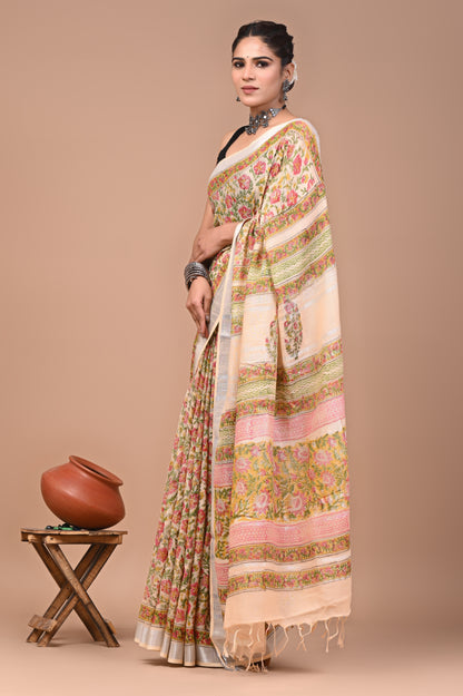 Block Printed Cotton linen Saree With Unstiched Blouse