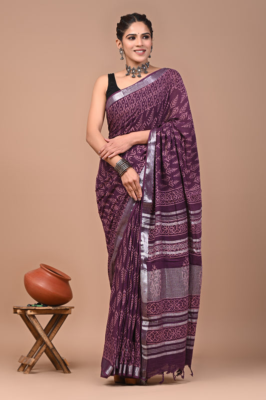 Block Printed Cotton linen Saree With Unstiched Blouse