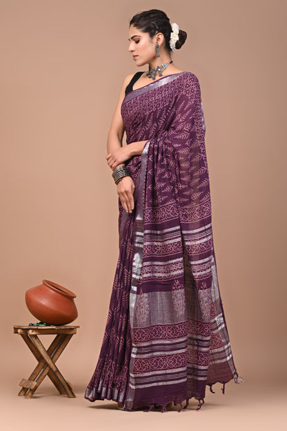 Block Printed Cotton linen Saree With Unstiched Blouse