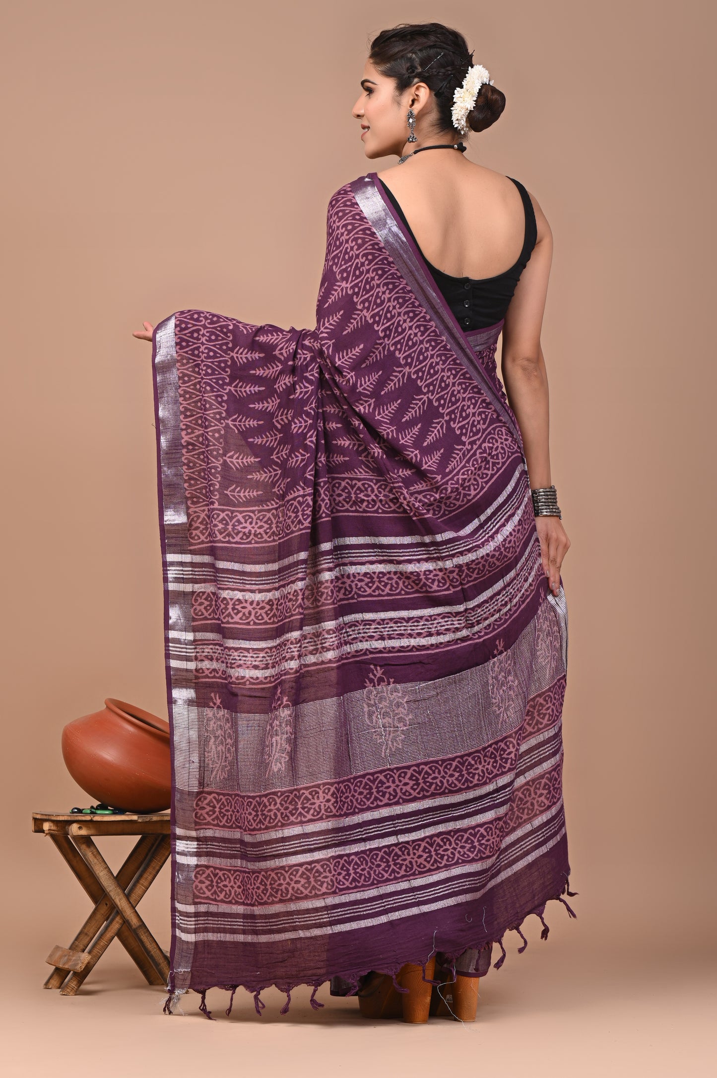 Block Printed Cotton linen Saree With Unstiched Blouse