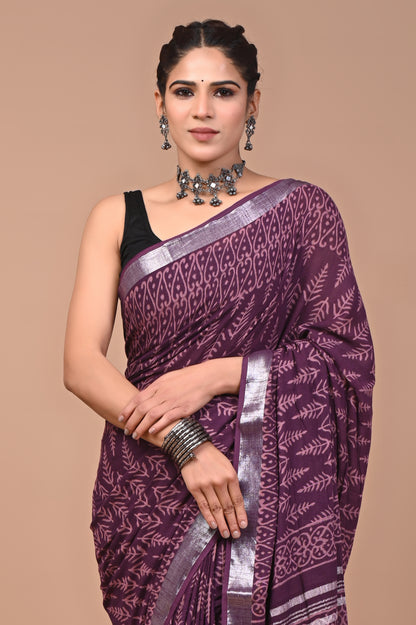 Block Printed Cotton linen Saree With Unstiched Blouse