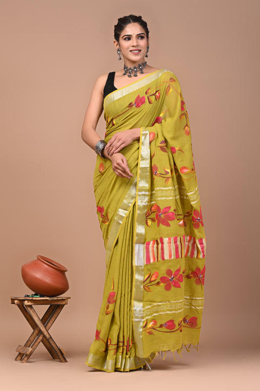 Block Printed Cotton linen Saree With Unstiched Blouse