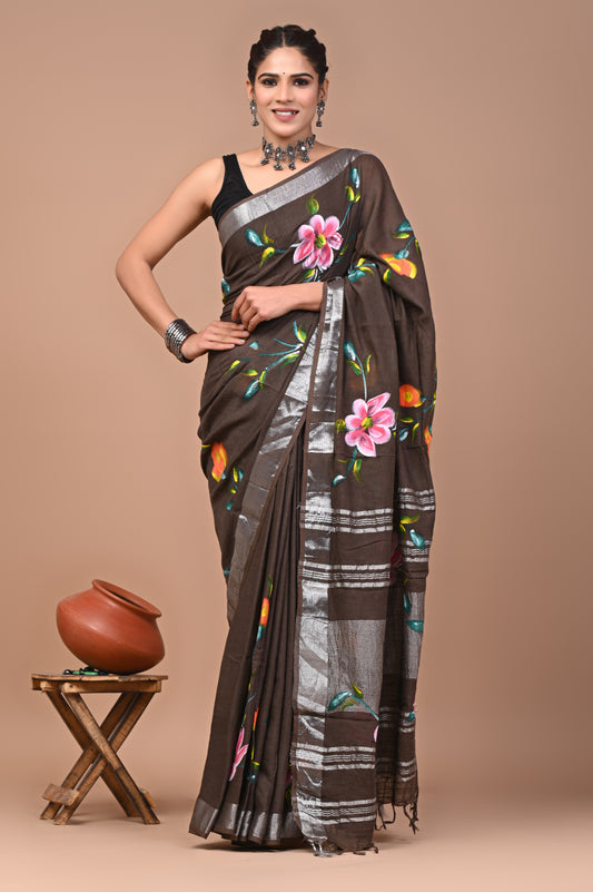 Block Printed Cotton linen Saree With Unstiched Blouse