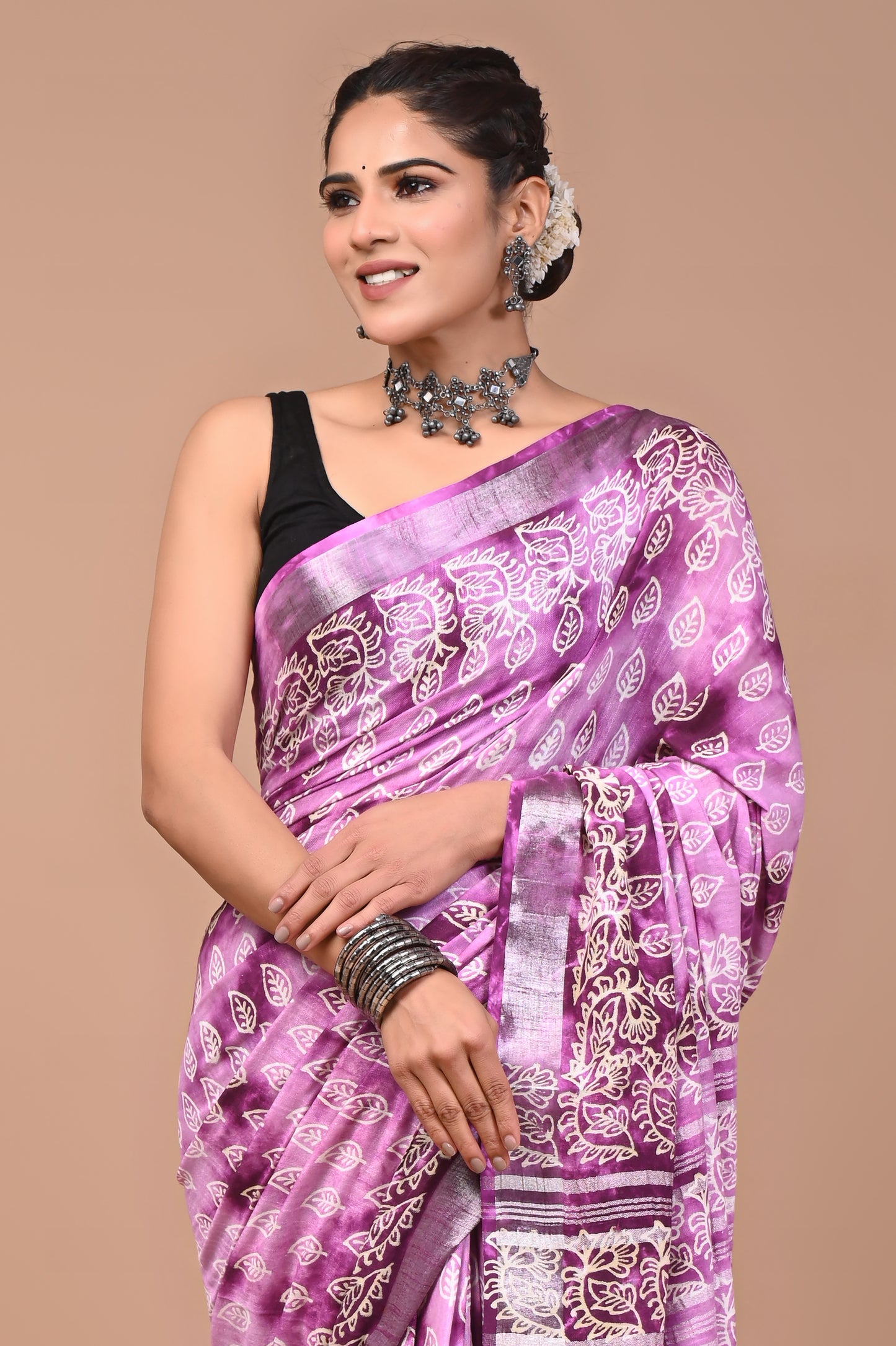 Block Printed Cotton linen Saree With Unstiched Blouse