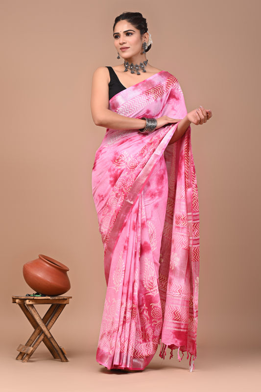 Block Printed Cotton linen Saree With Unstiched Blouse