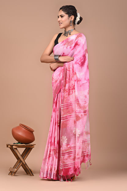 Block Printed Cotton linen Saree With Unstiched Blouse