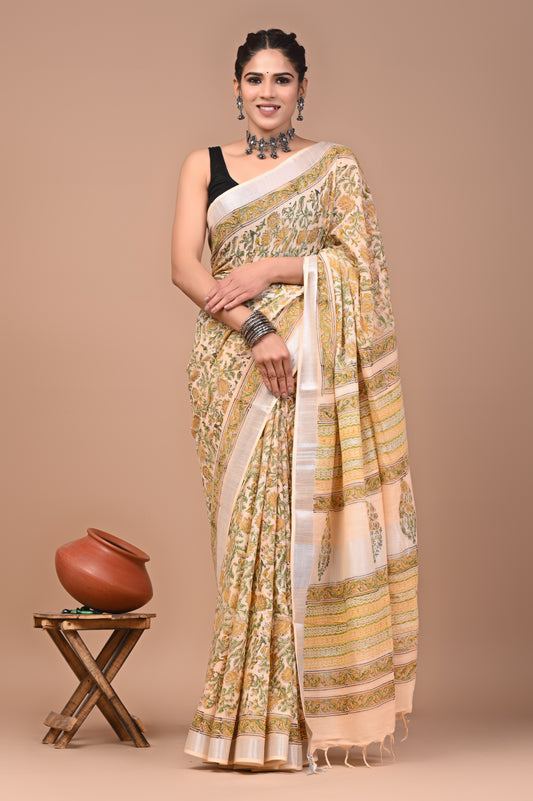 Block Printed Cotton linen Saree With Unstiched Blouse