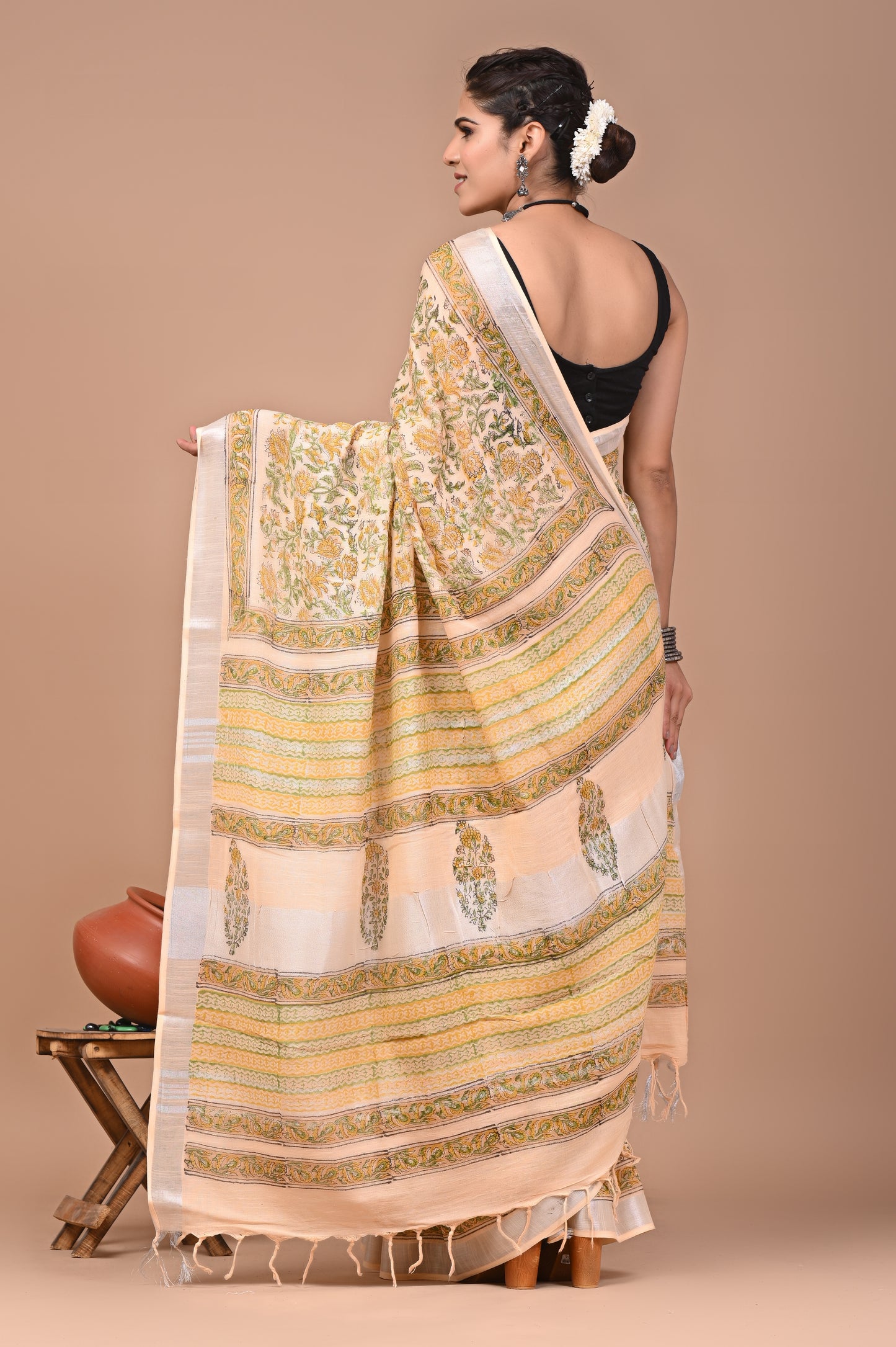 Block Printed Cotton linen Saree With Unstiched Blouse