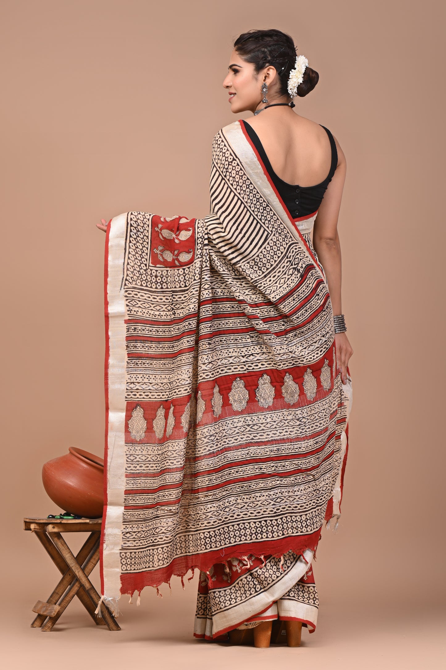 Block Printed Cotton linen Saree With Unstiched Blouse