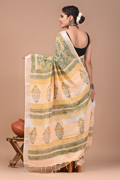 Block Printed Cotton linen Saree With Unstiched Blouse