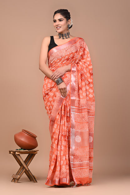 Block Printed Cotton linen Saree With Unstiched Blouse