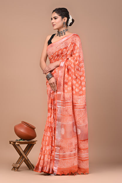 Block Printed Cotton linen Saree With Unstiched Blouse