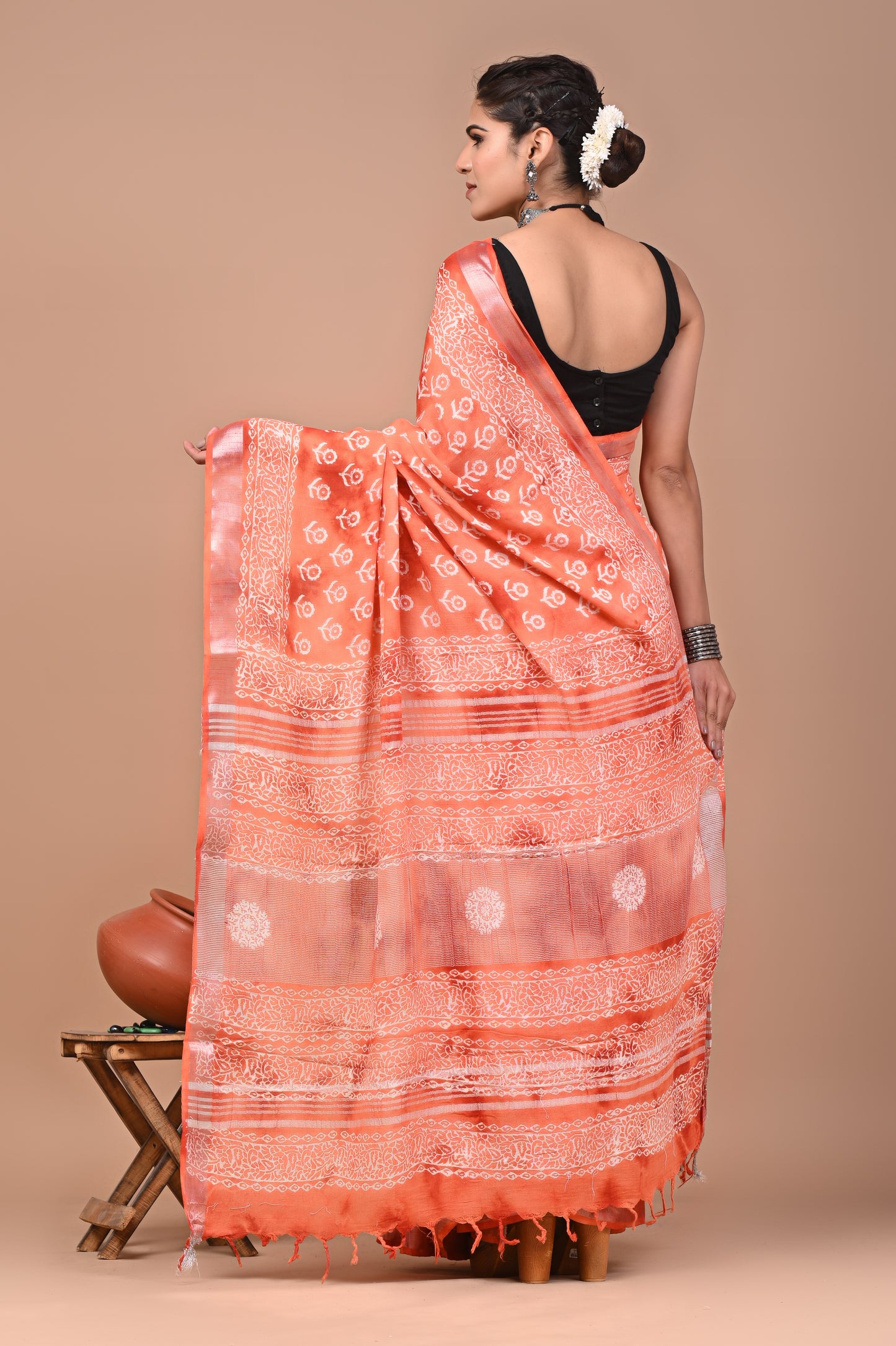 Block Printed Cotton linen Saree With Unstiched Blouse