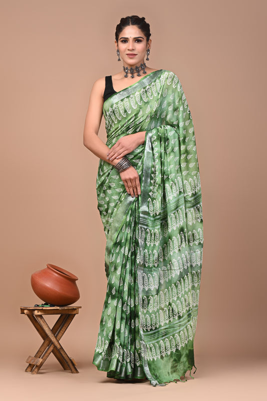 Block Printed Cotton linen Saree With Unstiched Blouse