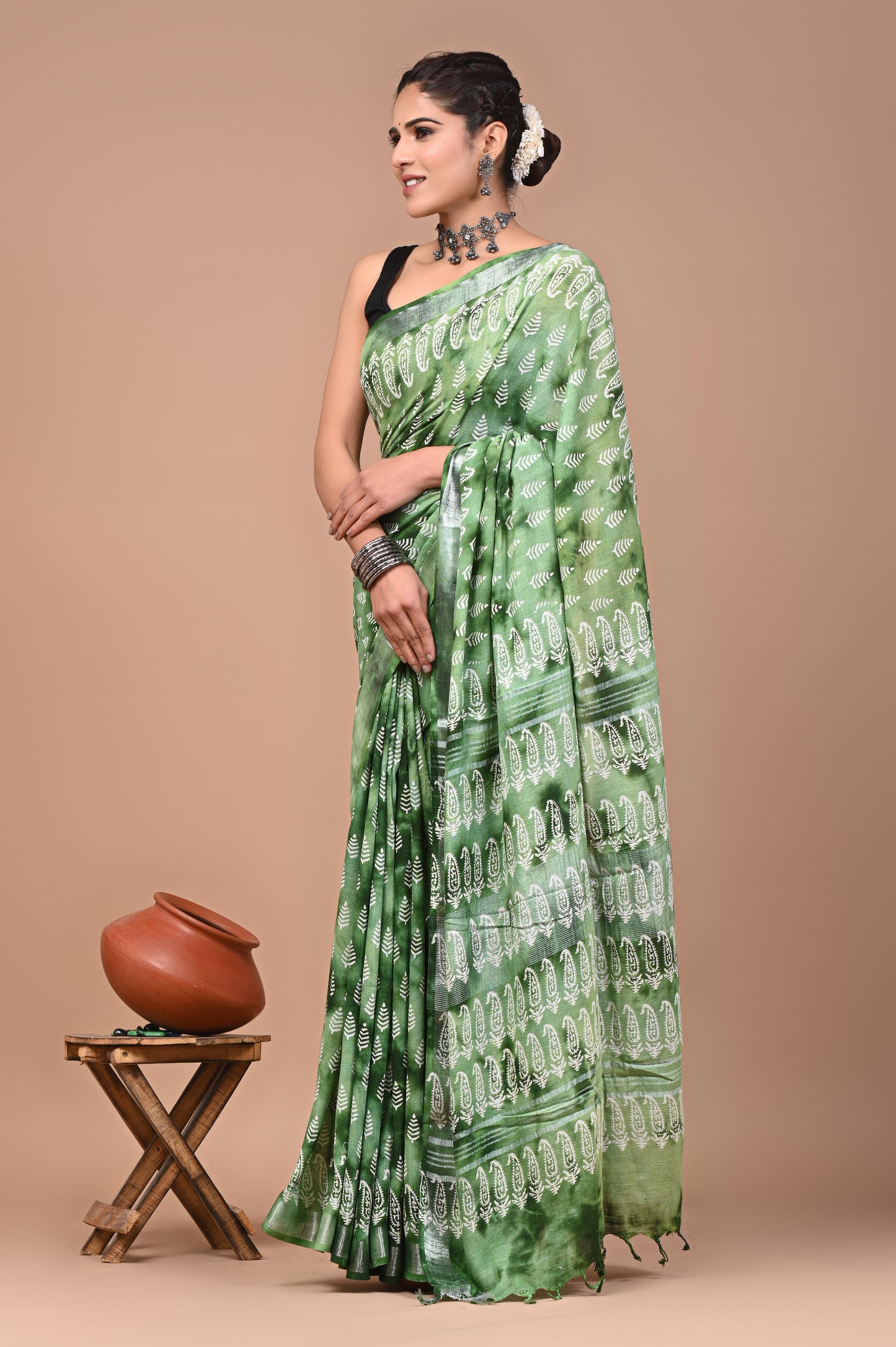 Block Printed Cotton linen Saree With Unstiched Blouse