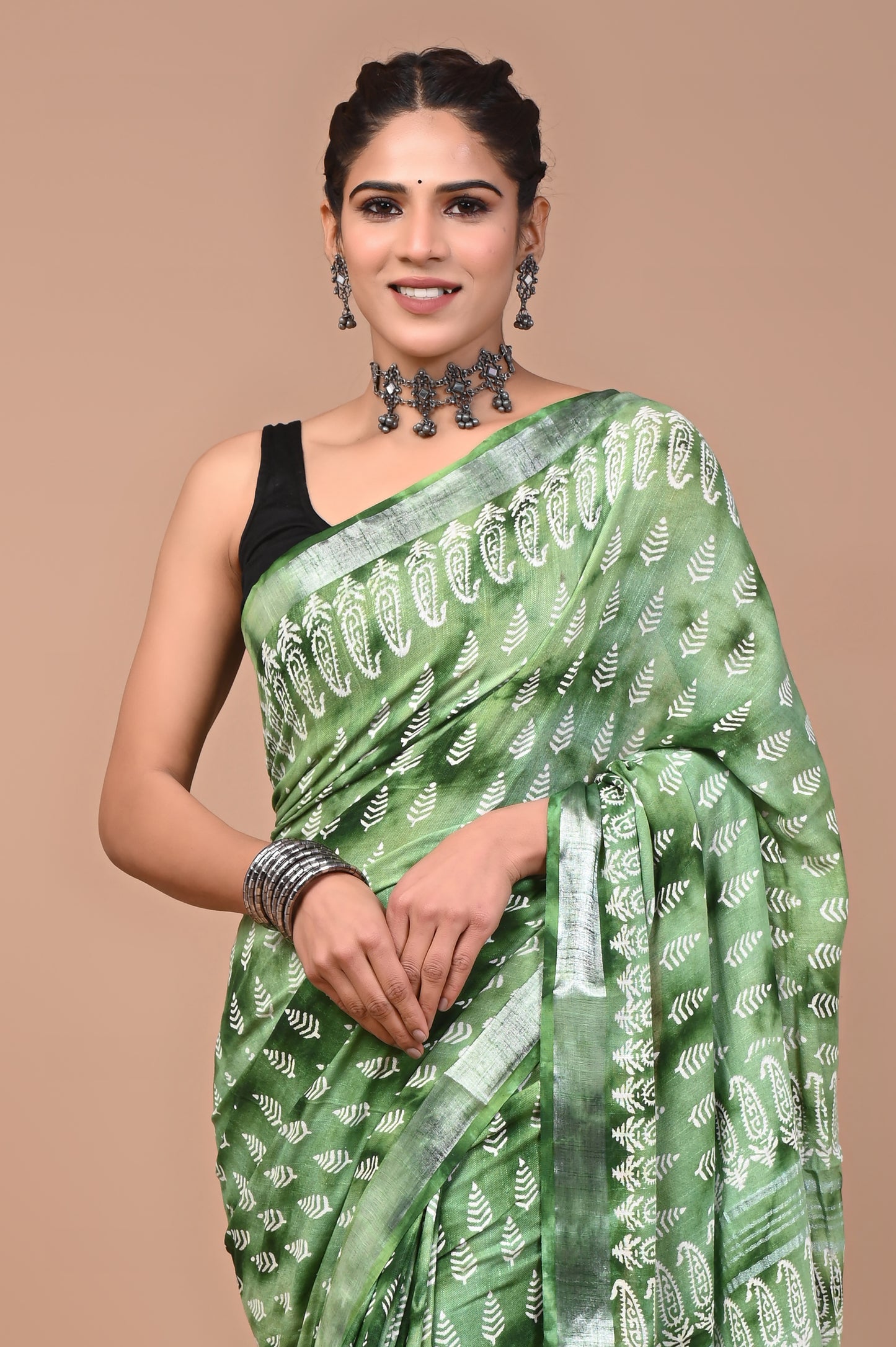 Block Printed Cotton linen Saree With Unstiched Blouse