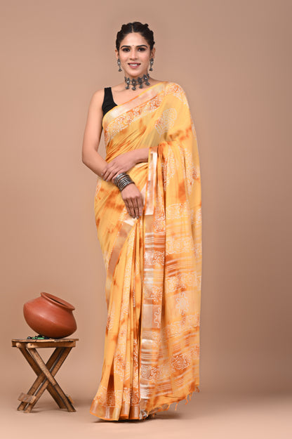 Block Printed Cotton linen Saree With Unstiched Blouse