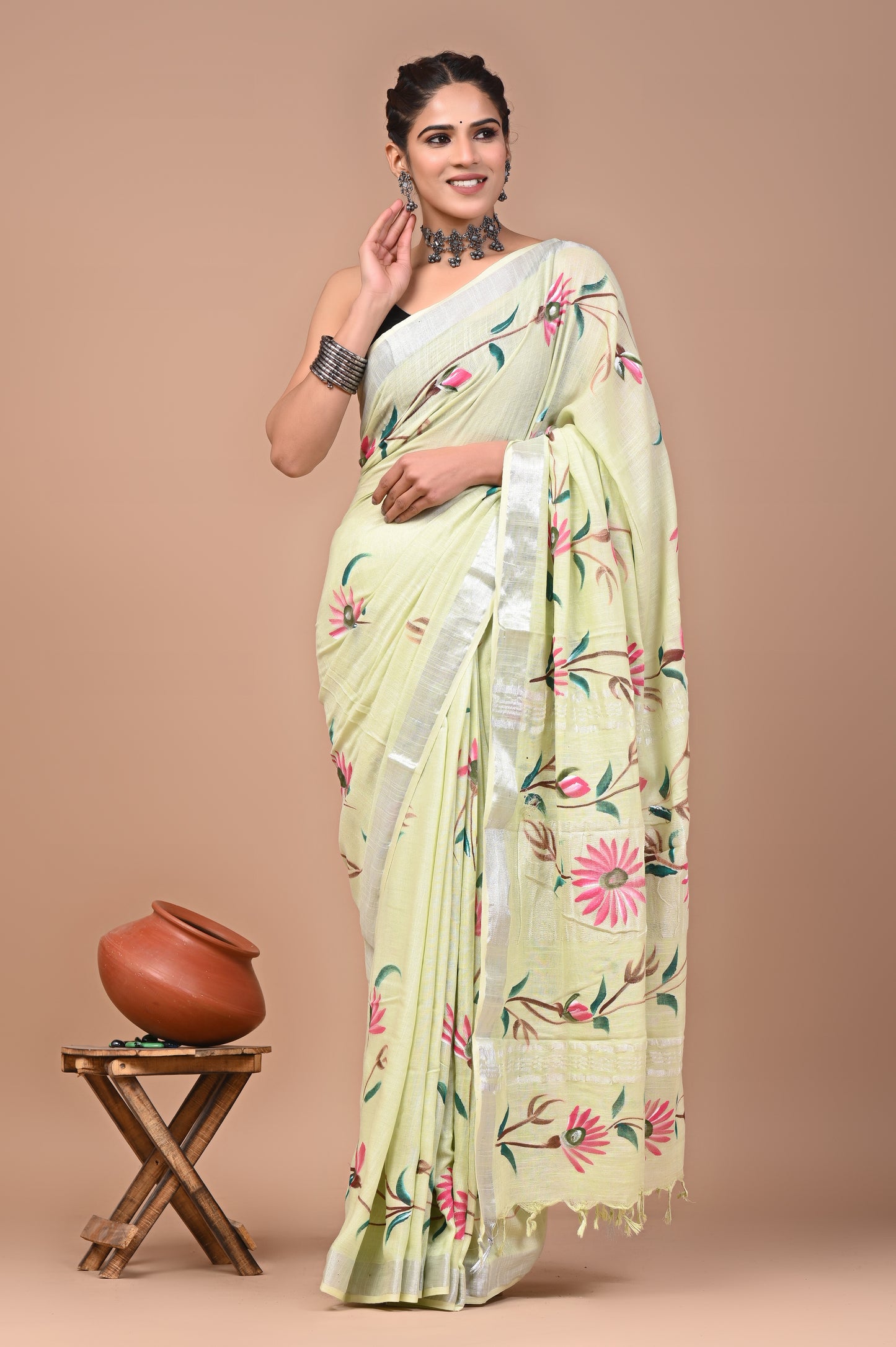 Block Printed Cotton linen Saree With Unstiched Blouse