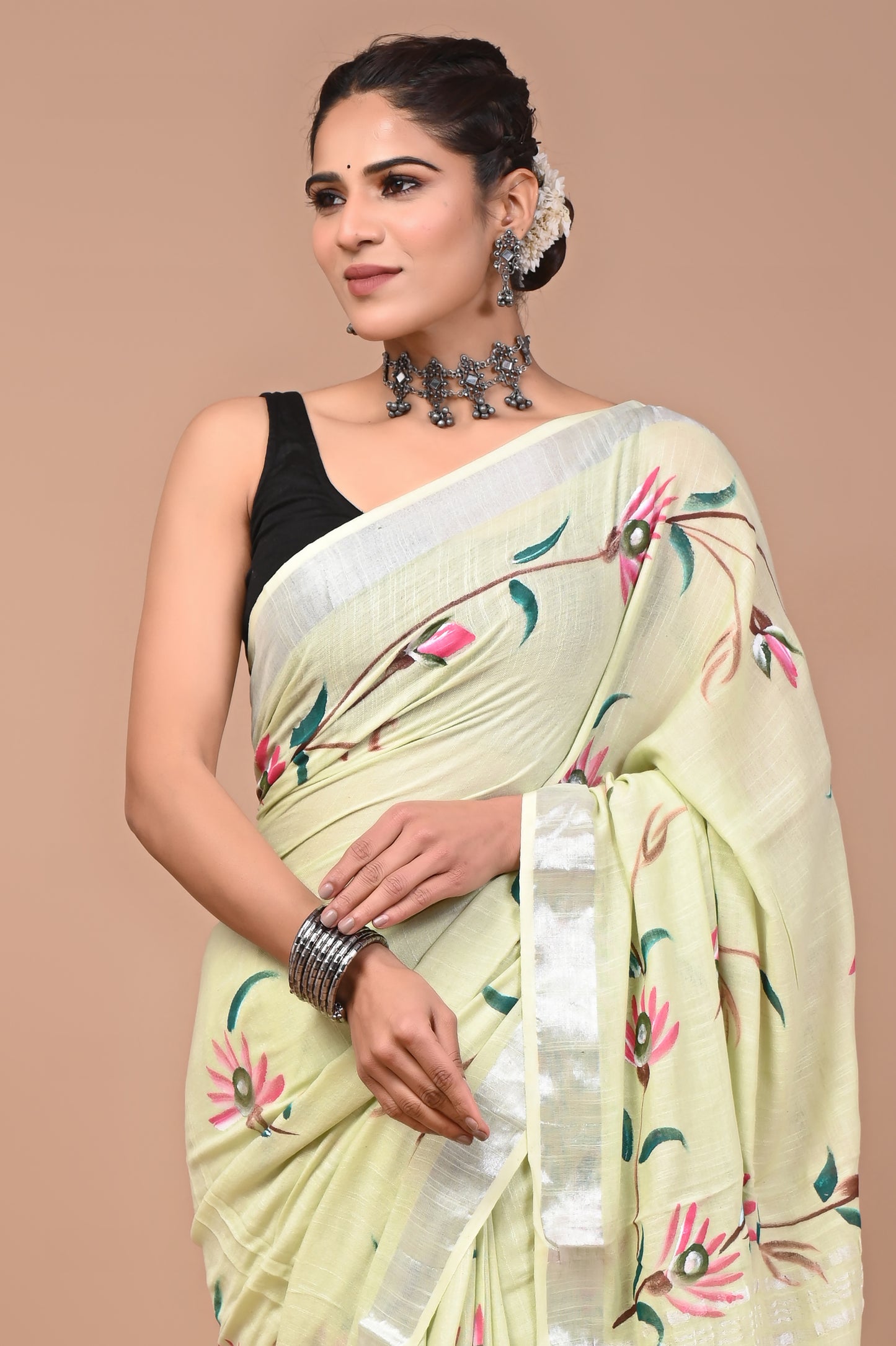 Block Printed Cotton linen Saree With Unstiched Blouse