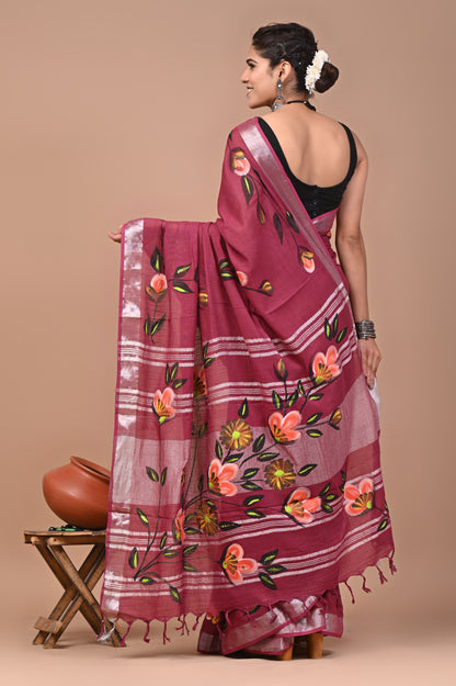 Block Printed Cotton linen Saree With Unstiched Blouse