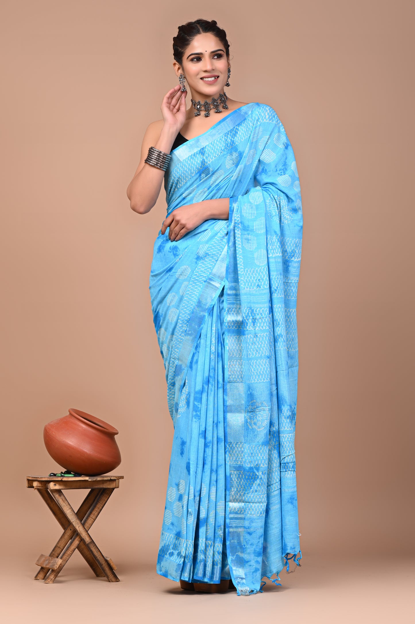 Block Printed Cotton linen Saree With Unstiched Blouse