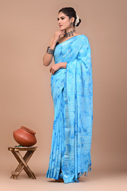 Block Printed Cotton linen Saree With Unstiched Blouse