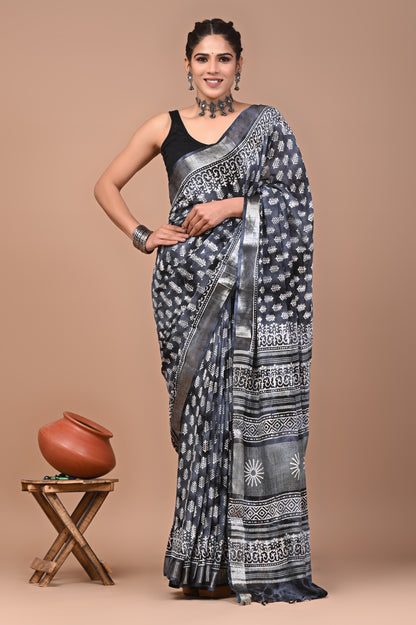 Block Printed Cotton linen Saree With Unstiched Blouse