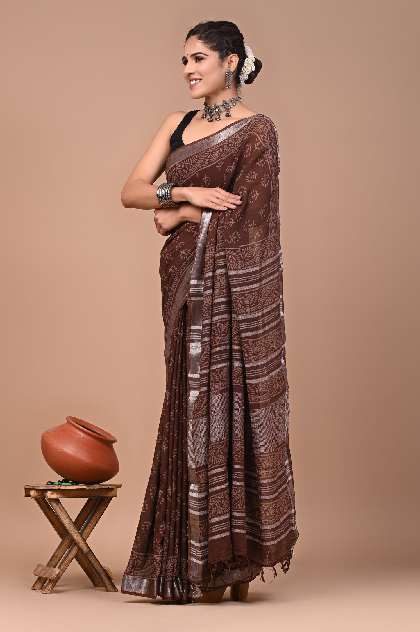 Block Printed Cotton linen Saree With Unstiched Blouse