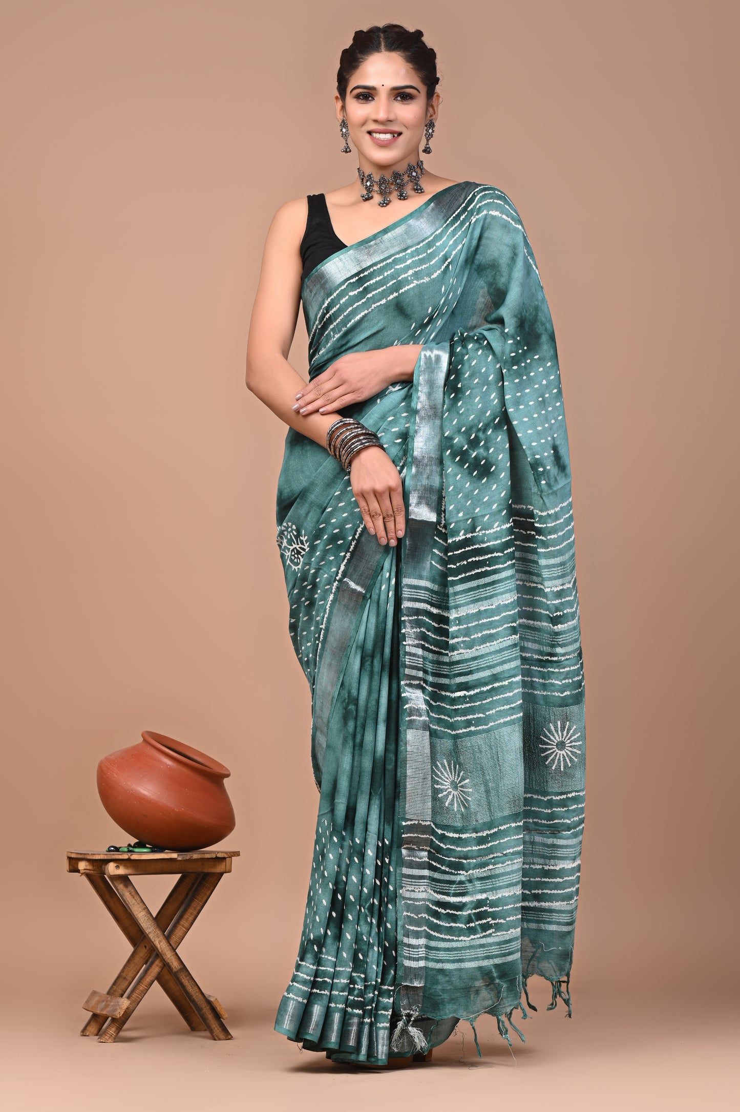 Block Printed Cotton linen Saree With Unstiched Blouse