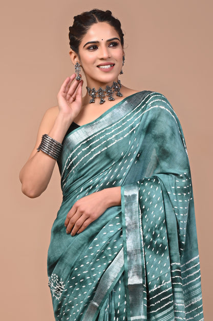 Block Printed Cotton linen Saree With Unstiched Blouse