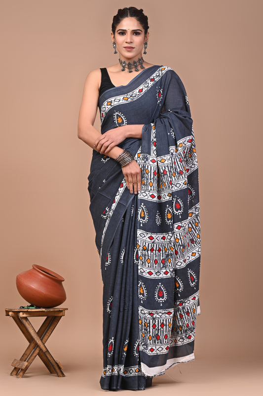 Printed Pure Cotton Mulmul Saree With Blouse