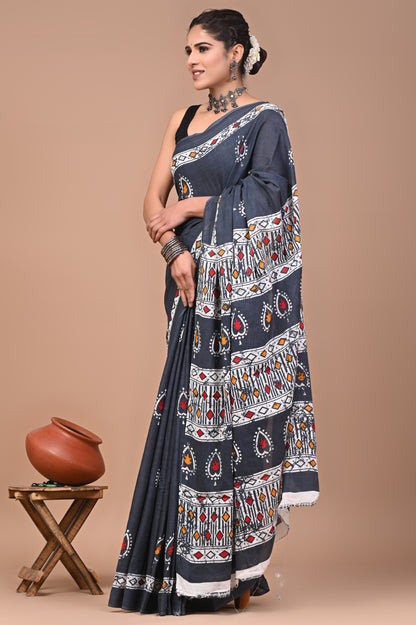 Printed Pure Cotton Mulmul Saree With Blouse