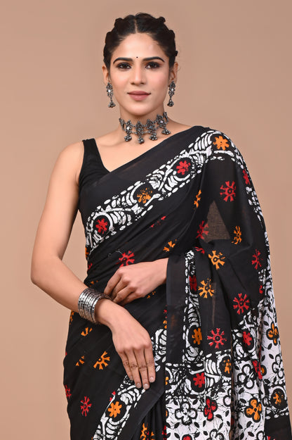 Printed Pure Cotton Mulmul Saree With Blouse