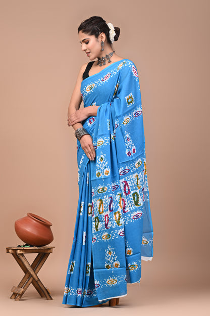 Printed Pure Cotton Mulmul Saree With Blouse