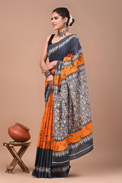 Printed Pure Cotton Mulmul Saree With Blouse