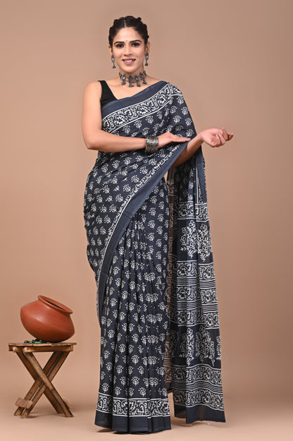 Printed Pure Cotton Mulmul Saree With Blouse