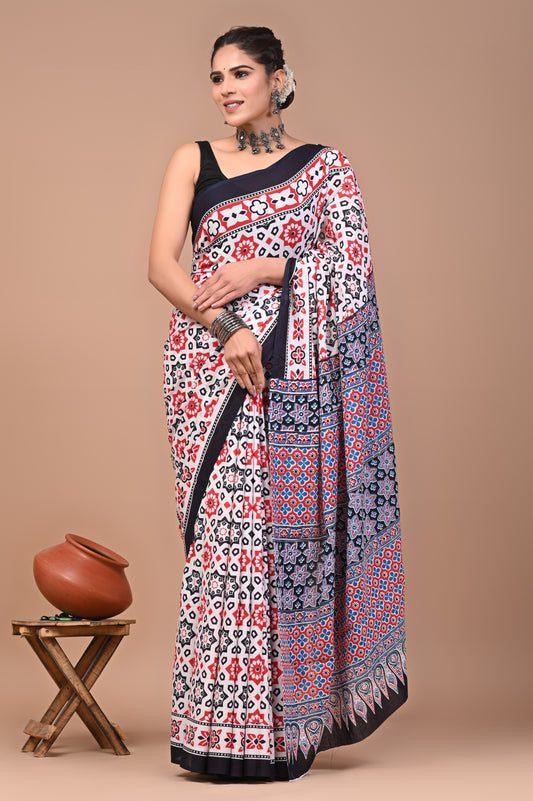 Printed Pure Cotton Mulmul Saree With Blouse