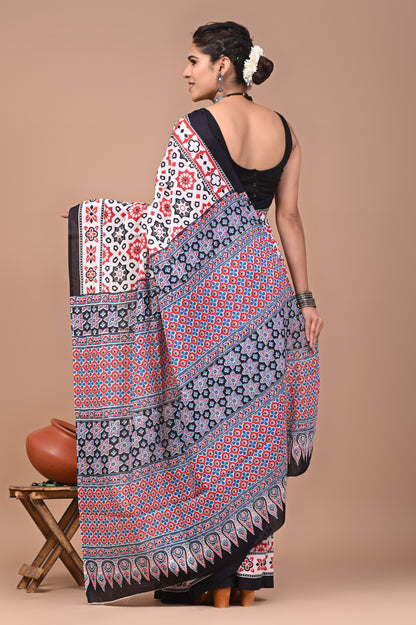 Printed Pure Cotton Mulmul Saree With Blouse